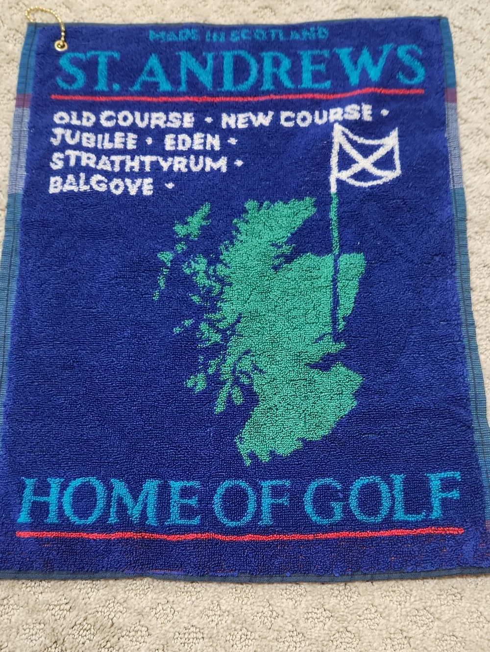 St. Andrews Golf Towel Home of Golf Blue & Green Made In Scotland